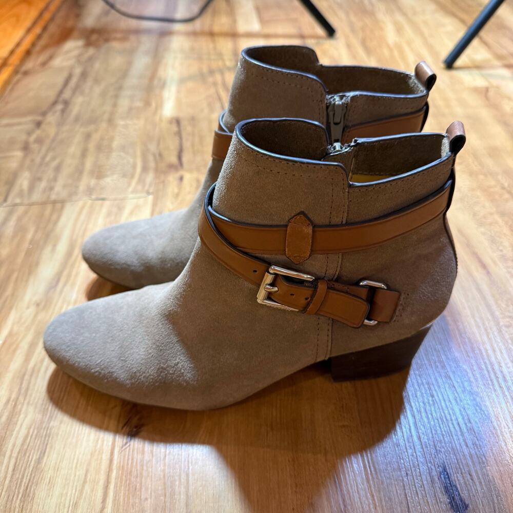 Coach Pauline Beige Brown Two Tone Buckle Suede Booties 7.5